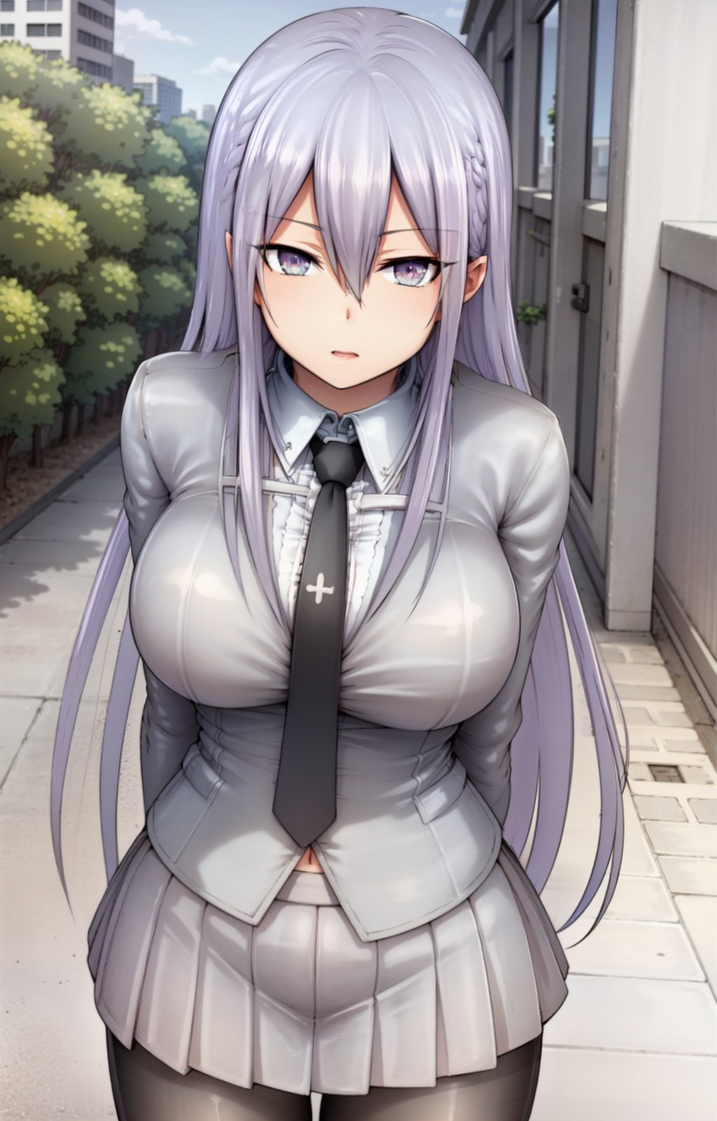 masterpiece, best quality, best aesthetic, anime, ultra detailed,nizomi, [1girl:(long hair, greyish purple hair, hair between eyes, large breasts, wide hips:1.4):1.0], (black tie, necktie:1.3), (school uniform, grey jacket, white shirt:1.3), (pleated skirt, grey skirt:1.3), (black pantyhose:1.3), standing, cowboy shot, looking at viewer, walking, street, clouds, outdoors, day, blue sky, buildings, <lora:Nizomi_OC-10:1:ALL>