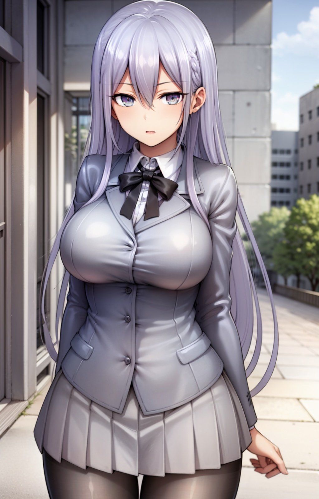 masterpiece, best quality, best aesthetic, anime, ultra detailed,nizomi, [1girl:(long hair, greyish purple hair, hair between eyes, large breasts, wide hips:1.4):1.0], (school uniform, grey jacket, white shirt, black tie:1.3), (pleated skirt, grey skirt, black pantyhose:1.3), standing, cowboy shot, looking at viewer, walking, street, clouds, outdoors, day, blue sky, buildings, <lora:Nizomi_OC-10:0.8:ALL>