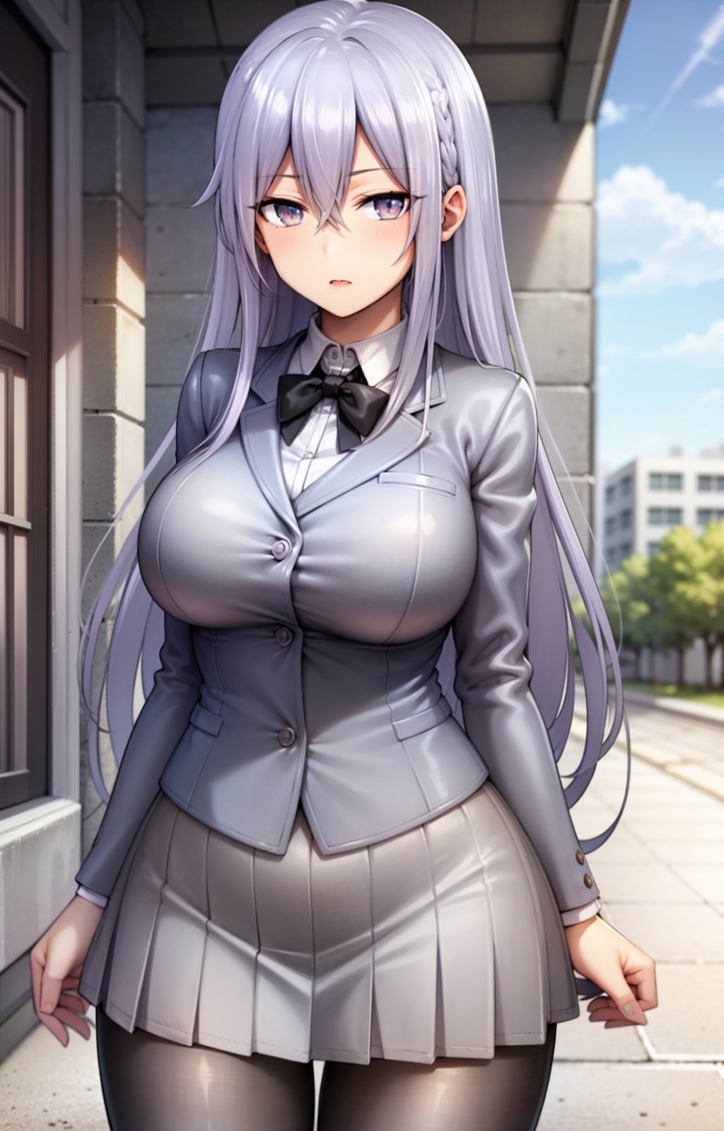 masterpiece, best quality, best aesthetic, anime, ultra detailed,nizomi, [1girl:(long hair, greyish purple hair, hair between eyes, large breasts, wide hips:1.4):1.0], (school uniform, grey jacket, white shirt, black tie:1.3), (pleated skirt, grey skirt, black pantyhose:1.3), standing, cowboy shot, looking at viewer, walking, street, clouds, outdoors, day, blue sky, buildings, <lora:Nizomi_OC-10:0.7:ALL>