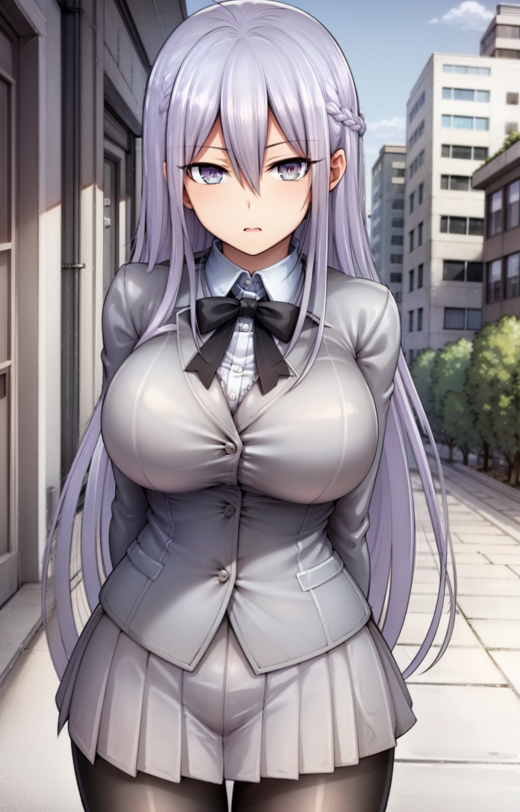 masterpiece, best quality, best aesthetic, anime, ultra detailed,nizomi, [1girl:(long hair, greyish purple hair, hair between eyes, large breasts, wide hips:1.4):1.0], (school uniform, grey jacket, white shirt, black tie:1.3), (pleated skirt, grey skirt, black pantyhose:1.3), standing, cowboy shot, looking at viewer, walking, street, clouds, outdoors, day, blue sky, buildings, <lora:Nizomi_OC-10:0.9:ALL>