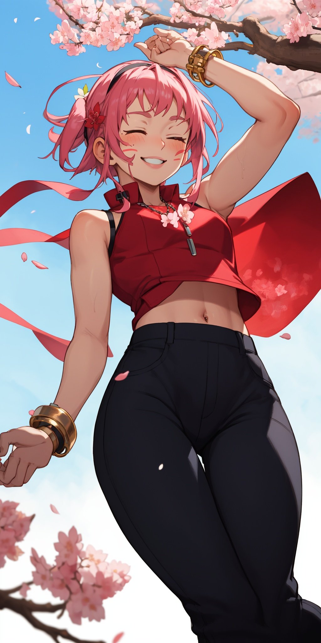 masterpiece, absurdres ,1girl, haruno sakura,forehead mark, red hairband, red sleeveless dress, navel, groin,white pants, bracelet, cherry blossoms, falling petals, wind, floating hair, one eye closed, looking up, smile, wariza, , <lora:EMS-11530-EMS:0.8>