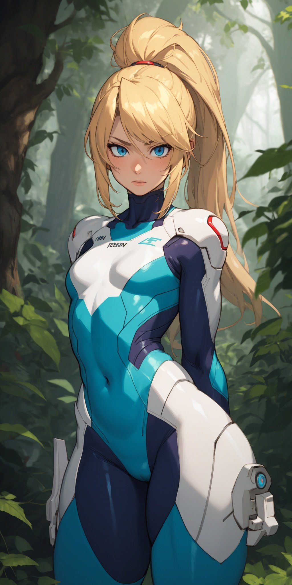 masterpiece, best quality, 1girl, solo, detailed face, detailed eyes, looking at viewer, samus aran, blonde hair, blue eyes, ponytail, (zero suit), intricate details, wide hips, forest, anime, cartoon, soft lighting, <lora:EMS-11530-EMS:0.8>