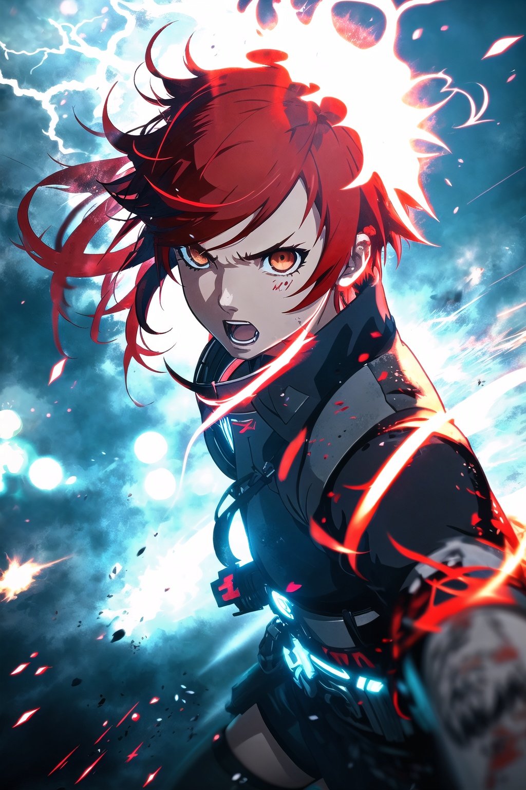 guiltys, angry, a girl, white eyes, red hair, fighting, upper body, (bokeh:1.1), depth of field, by Akihiko Yoshida, tracers, vfx, splashes, lightning, light particles, white background