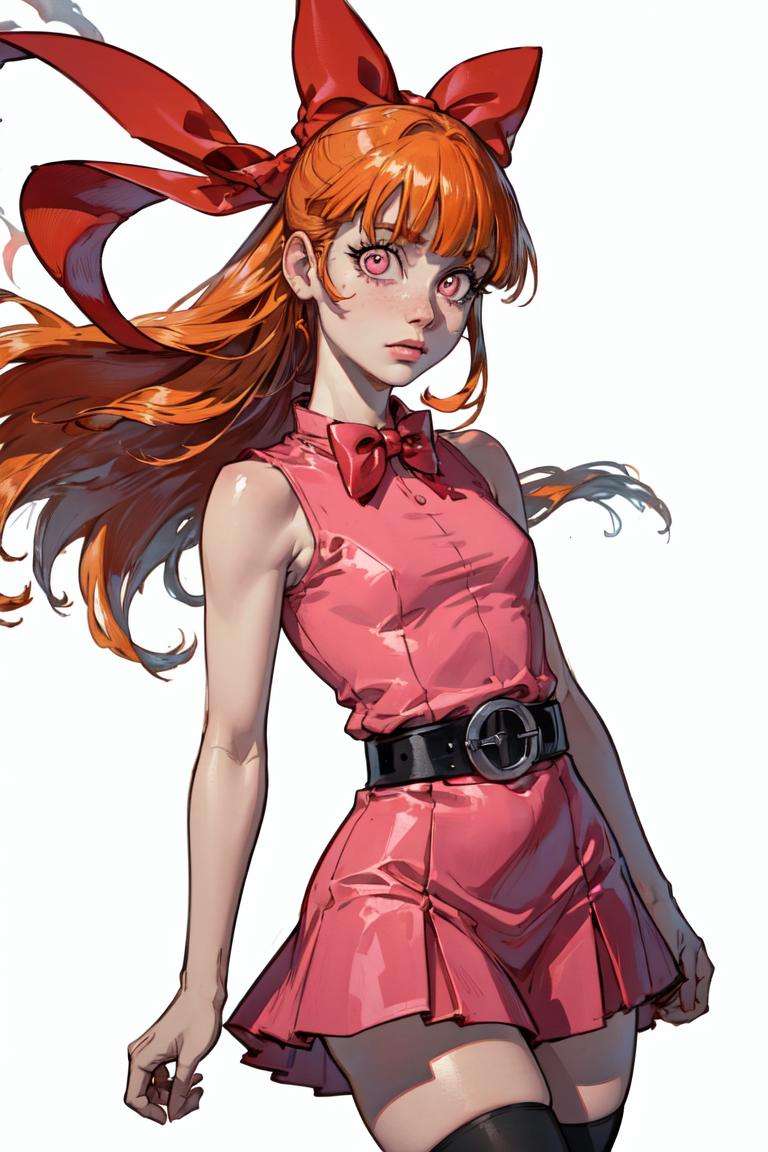 (Blossom:1.5), (orange hair, blunt bangs, straight hair, pink eyes:1.2), (hair bow, red bow, sleeveless pink dress, simple black belt, white thighhighs:1.2), (white background, plain background), (realistic:1.2), (masterpiece:1.2), (full-body-shot:1),(Cowboy-shot:1.2), neon lighting, dark romantic lighting, (highly detailed:1.2),(detailed face:1.2), (gradients), colorful, detailed eyes, (detailed landscape:1.2), (natural lighting:1.2), (neutral pose, looking at viewer:1.2), (solo, one person, one subject:1.5),  <lora:Blossom-09:0.9> <lora:add_detail:0.15> <lora:hipoly3DModelLora_v10:0.05> <lora:RSERomantic_RSESofiko_RSEEmma-v1:0.1> <lora:BeautifulEyes:0.65>