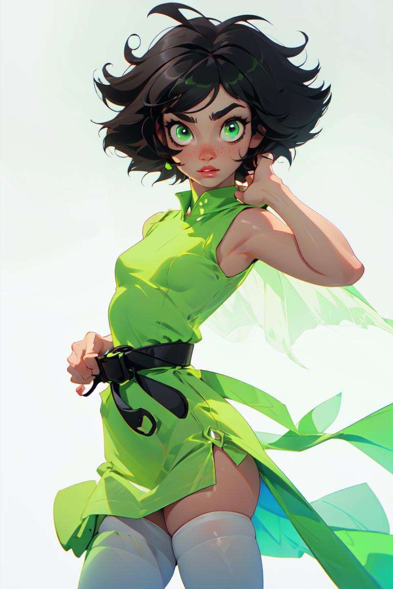(Buttercup:1.0), (black hair, green eyes, short hair, messy hair:1.2), (dress, light-green sleeveless dress, simple black belt, white thighhighs:1.5), (white background:1.5), (realistic:1.2), (masterpiece:1.2), (full-body-shot:1),(Cowboy-shot:1.2), neon lighting, dark romantic lighting, (highly detailed:1.2),(detailed face:1.2), (gradients), colorful, detailed eyes, (detailed landscape:1.2), (natural lighting:1.2), (cute pose:1.2), (solo, one person, 1girl:1.5), standing, <lora:Buttercup-09:0.9>  <lora:add_detail:0.15> <lora:hipoly3DModelLora_v10:0.05> <lora:RSERomantic_RSESofiko_RSEEmma-v1:0.1> <lora:BeautifulEyes:0.65>