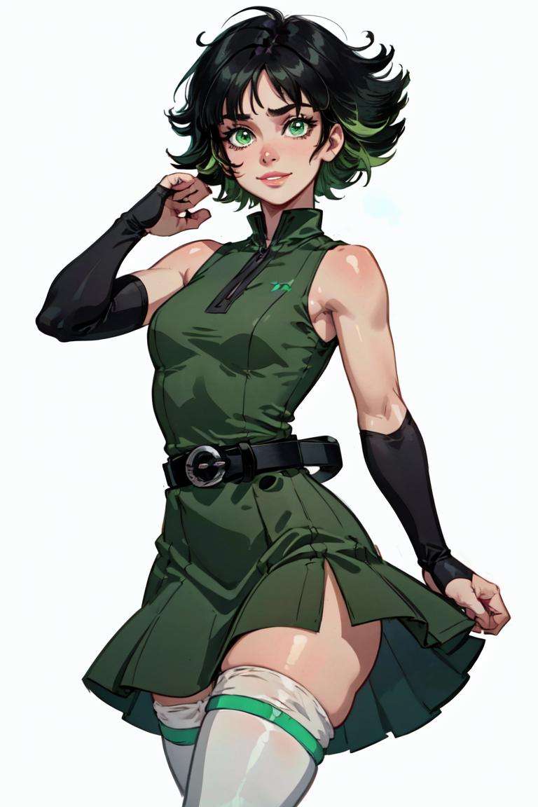 (Buttercup:1.0), smiling, (black hair, green eyes, short hair, messy hair:1.2), (dress, light-green sleeveless dress, simple black belt, white thighhighs:1.5), (white background:1.5), (realistic:1.2), (masterpiece:1.2), (full-body-shot:1),(Cowboy-shot:1.2), neon lighting, dark romantic lighting, (highly detailed:1.2),(detailed face:1.2), (gradients), colorful, detailed eyes, (detailed landscape:1.2), (natural lighting:1.2), (cute pose:1.2), (solo, one person, one subject:1.5), standing, <lora:Buttercup-09:0.9>  <lora:add_detail:0.15> <lora:hipoly3DModelLora_v10:0.05> <lora:RSERomantic_RSESofiko_RSEEmma-v1:0.1> <lora:BeautifulEyes:0.65>