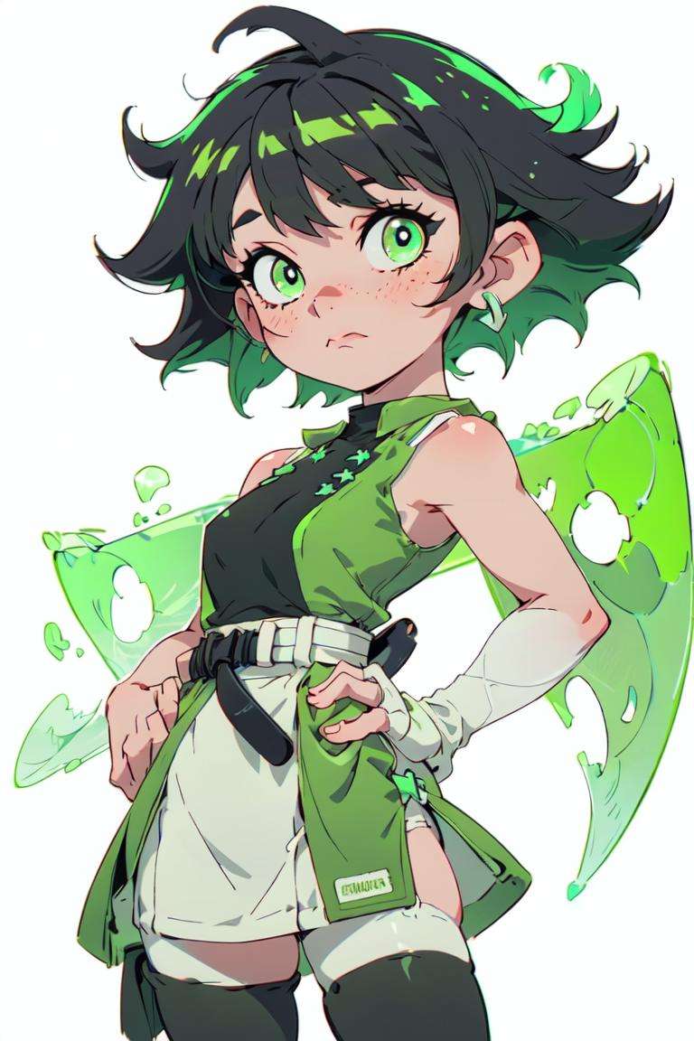 (Buttercup:1.0), (black hair, green eyes, short hair, messy hair:1.2), (dress, light-green sleeveless dress, simple black belt, white thighhighs:1.5), (white background:1.5), (realistic:1.2), (masterpiece:1.2), (full-body-shot:1),(Cowboy-shot:1.2), neon lighting, dark romantic lighting, (highly detailed:1.2),(detailed face:1.2), (gradients), colorful, detailed eyes, (detailed landscape:1.2), (natural lighting:1.2), (cute pose:1.2), (solo, one person, 1girl:1.5), standing, <lora:Buttercup-09:0.9>  <lora:add_detail:0.15> <lora:hipoly3DModelLora_v10:0.05> <lora:RSERomantic_RSESofiko_RSEEmma-v1:0.1> <lora:BeautifulEyes:0.65>