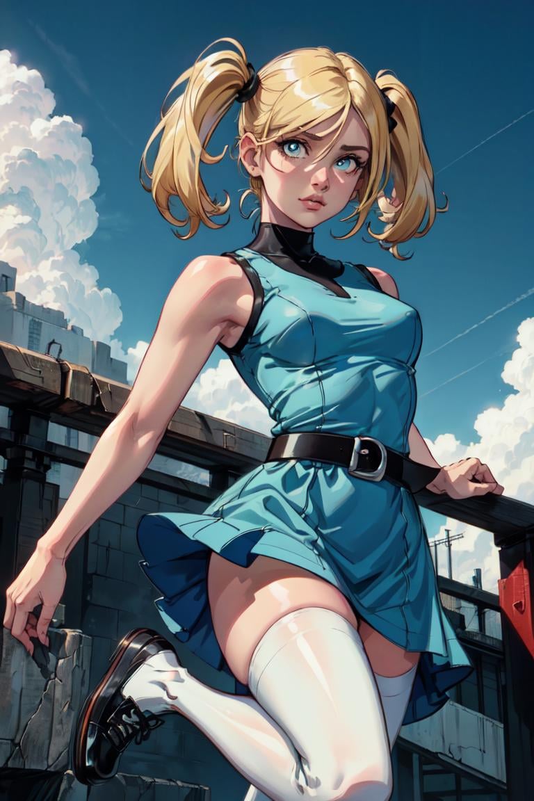 (Bubbles:1.0), (yellow-blonde hair, blue eyes, short twintails, pigtails), (dress, sky-blue sleeveless dress, simple black belt, white thighhighs, black shoes:1.5), (white background, plain background), (realistic:1.2), (masterpiece:1.2), (full-body-shot:1),(Cowboy-shot:1.2), neon lighting, dark romantic lighting, (highly detailed:1.2),(detailed face:1.2), (gradients), colorful, detailed eyes, (detailed landscape:1.2), (natural lighting:1.2), (neutral pose, looking at viewer:1.2), (solo, one person, one subject:1.5),  <lora:Bubbles-08:0.9>  <lora:add_detail:0.15> <lora:hipoly3DModelLora_v10:0.05> <lora:RSERomantic_RSESofiko_RSEEmma-v1:0.1> <lora:BeautifulEyes:0.65>