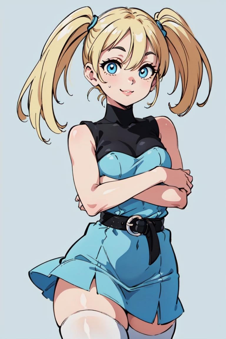 (Bubbles:1.0), smiling, (yellow-blonde hair, blue eyes, short twintails, pigtails), (dress, sky-blue sleeveless dress, simple black belt, white thighhighs:1.5), (blue pastel background:1.5), (realistic:1.2), (masterpiece:1.2), (full-body-shot:1),(Cowboy-shot:1.2), neon lighting, dark romantic lighting, (highly detailed:1.2),(detailed face:1.2), (gradients), colorful, detailed eyes, (detailed landscape:1.2), (natural lighting:1.2), (cute pose:1.2), (solo, one person, one subject:1.5), standing, <lora:Bubbles-08:0.7>  <lora:add_detail:0.15> <lora:hipoly3DModelLora_v10:0.05> <lora:RSERomantic_RSESofiko_RSEEmma-v1:0.1> <lora:BeautifulEyes:0.65>