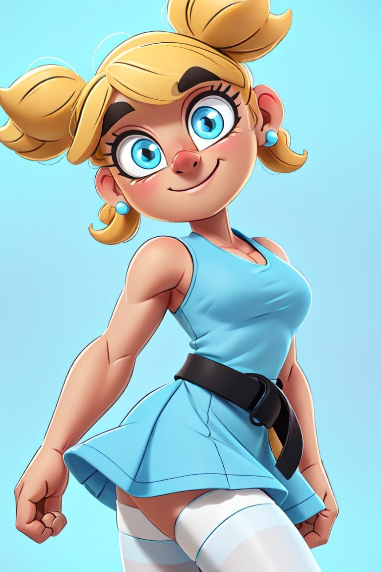 (Bubbles:1.0), smiling, (yellow-blonde hair, blue eyes, short twintails, pigtails), (dress, sky-blue sleeveless dress, simple black belt, white thighhighs:1.5), (blue pastel background:1.5), (realistic:1.2), (masterpiece:1.2), (full-body-shot:1),(Cowboy-shot:1.2), neon lighting, dark romantic lighting, (highly detailed:1.2),(detailed face:1.2), (gradients), colorful, detailed eyes, (detailed landscape:1.2), (natural lighting:1.2), (cute pose:1.2), (solo, one person, one subject:1.5), standing, <lora:Bubbles-08:0.7>  <lora:add_detail:0.15> <lora:hipoly3DModelLora_v10:0.05> <lora:RSERomantic_RSESofiko_RSEEmma-v1:0.1> <lora:BeautifulEyes:0.65>