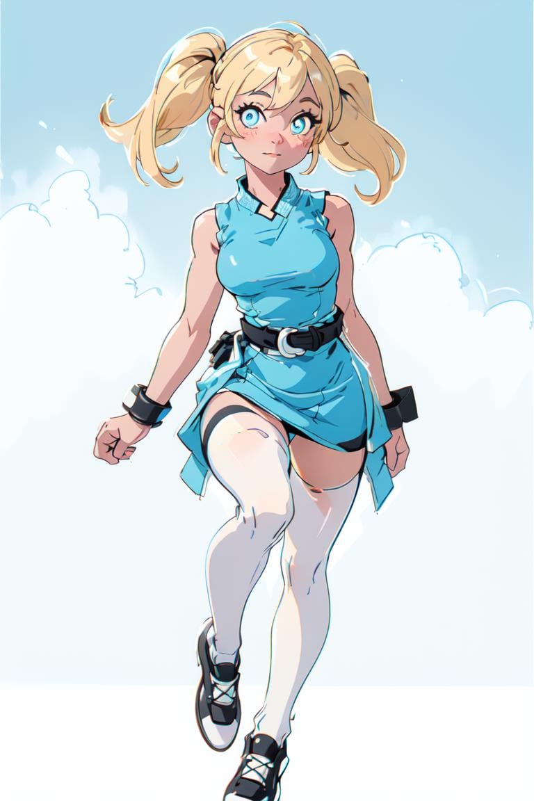 (Bubbles:1.0), (yellow-blonde hair, blue eyes, short twintails, pigtails), (dress, sky-blue sleeveless dress, simple black belt, white thighhighs, black shoes:1.5), (white background, plain background), (realistic:1.2), (masterpiece:1.2), (full-body-shot:1),(Cowboy-shot:1.2), neon lighting, dark romantic lighting, (highly detailed:1.2),(detailed face:1.2), (gradients), colorful, detailed eyes, (detailed landscape:1.2), (natural lighting:1.2), (neutral pose, looking at viewer:1.2), (solo, one person, one subject:1.5),  <lora:Bubbles-08:0.9>  <lora:add_detail:0.15> <lora:hipoly3DModelLora_v10:0.05> <lora:RSERomantic_RSESofiko_RSEEmma-v1:0.1> <lora:BeautifulEyes:0.65>