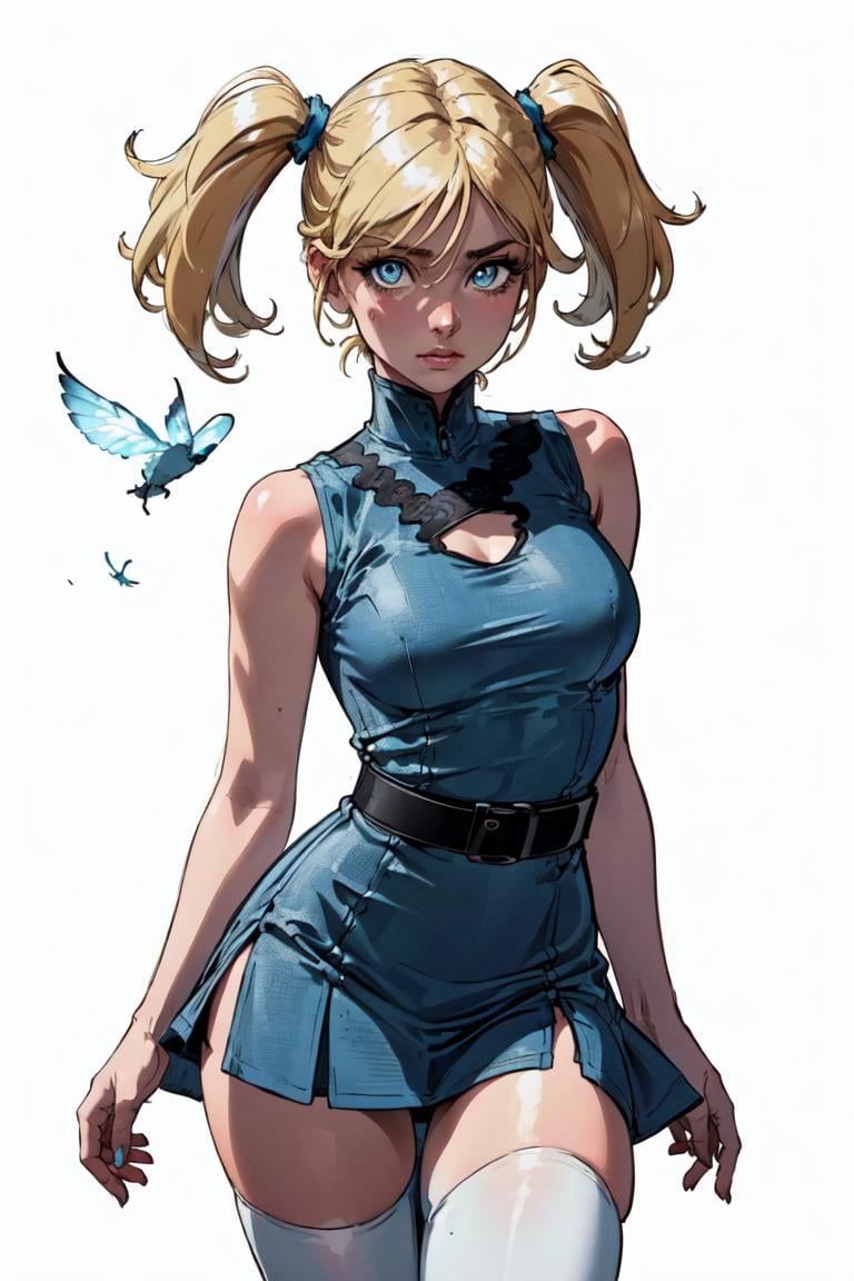 (Bubbles:1.0), (yellow-blonde hair, blue eyes, short twintails, pigtails), (dress, sky-blue sleeveless dress, simple black belt, white thighhighs:1.5), (white background:1.5), (realistic:1.2), (masterpiece:1.2), (full-body-shot:1),(Cowboy-shot:1.2), neon lighting, dark romantic lighting, (highly detailed:1.2),(detailed face:1.2), (gradients), colorful, detailed eyes, (detailed landscape:1.2), (natural lighting:1.2), (cute pose:1.2), (solo, one person, one subject:1.5), standing, <lora:Bubbles-08:0.7>  <lora:add_detail:0.15> <lora:hipoly3DModelLora_v10:0.05> <lora:RSERomantic_RSESofiko_RSEEmma-v1:0.1> <lora:BeautifulEyes:0.65>