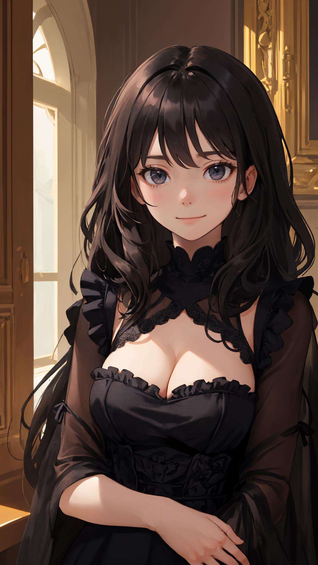 (masterpiece, best quality:1.2), (looking at viewer), (wavy hair:0.8),1girl, (upper body:0.85), (black theme:1.2), {indoors|outdoors}, dark eyes, dark hair, ({happy face|peaceful face|shy face|curious face}),long dress, cleavage, frills, fantasy, {castle|palace},