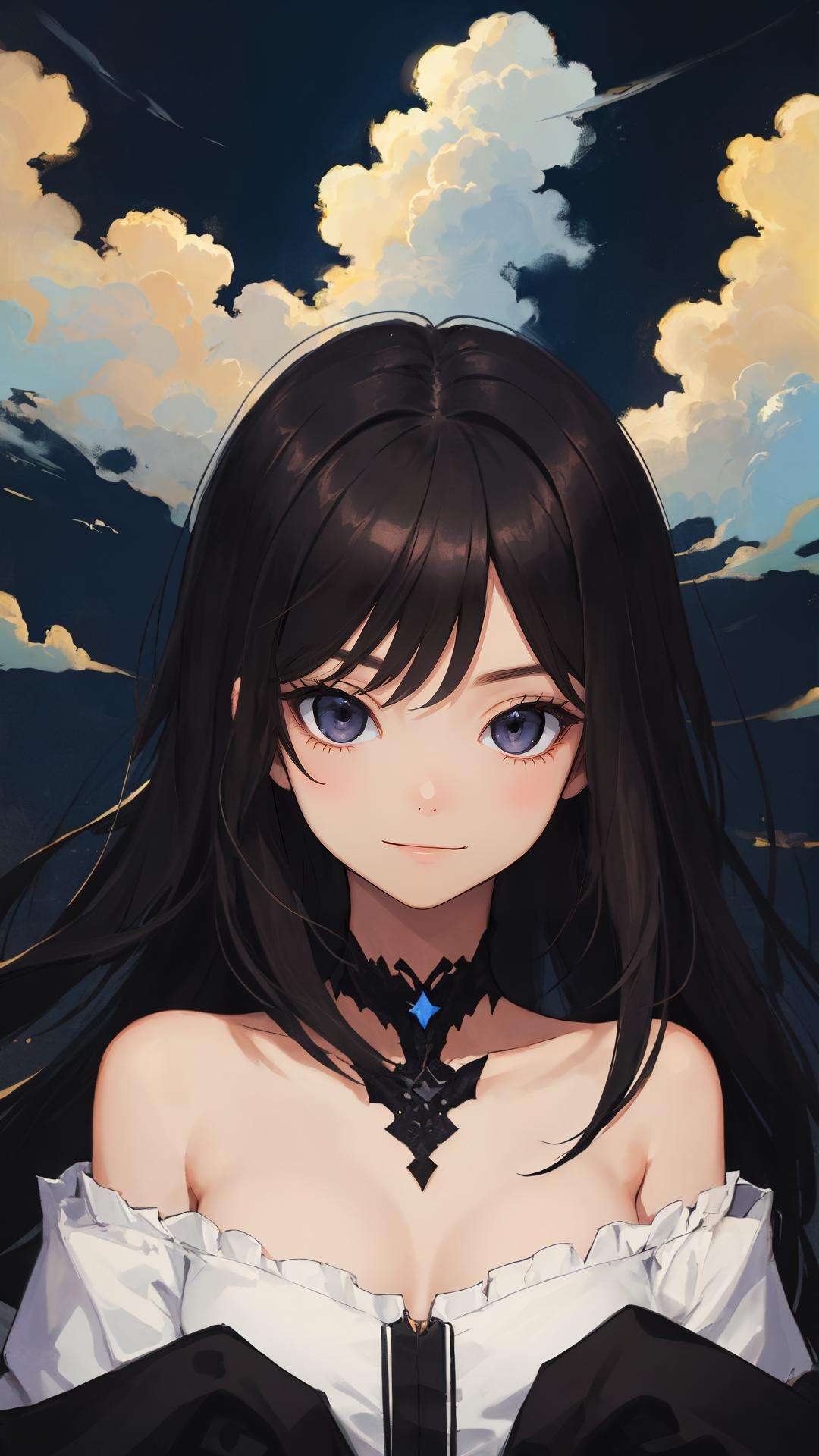 (masterpiece),(best quality), girl, looking at viewer, dark eyes, dark hair, (cloudy:1.2), upper body, (black theme), {curious face|happy face},off shoulder,character on center,