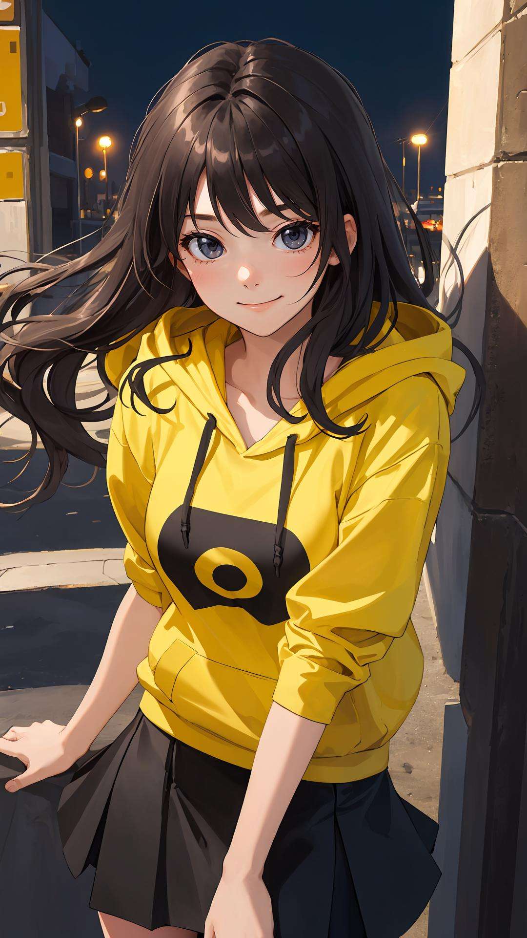 (masterpiece, best quality:1.2), (looking at viewer), (wavy hair:0.8),1girl, (upper body:0.85), (black theme:1.2), {indoors|outdoors}, dark eyes, dark hair, {long hair|medium hair|short hair|updo}, hoodie, (tight skirt:1.2),({happy face|peaceful face|shy face|curious face}),