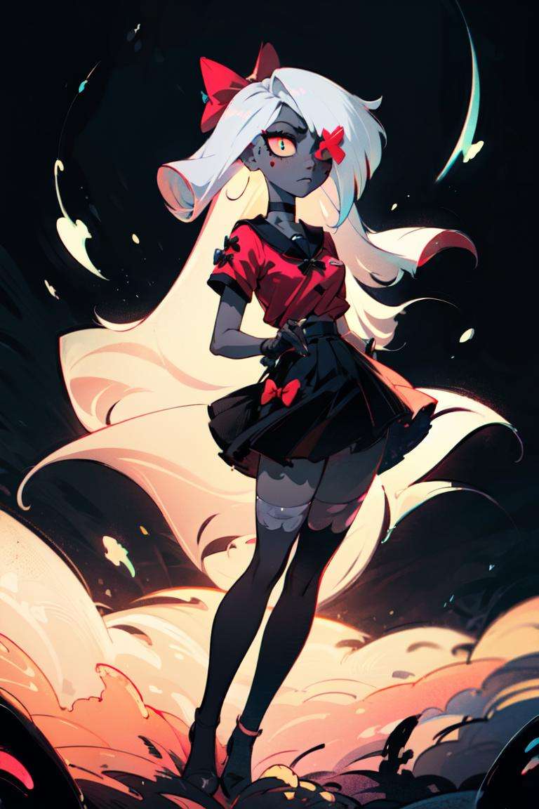 (Vaggie:1.2), (hotel outfit, black choker, red shirt with a black collar, black skirt, navy stockings, long navy gloves, hair bow:1.2), (pastel-pink sclera, black pupil, grey skin, white hair, long hair, hair bow:1.2), (realistic:1.2), (masterpiece:1.2), (full-body-shot:1),(Cowboy-shot:1.2), neon lighting, dark romantic lighting, (highly detailed:1.2),(detailed face:1.2), (gradients), colorful, detailed eyes, (detailed landscape:1.2), (natural lighting:1.2), (dynamic pose:1.2), (solo, one person, 1girl:1.5), standing, <lora:VaggieHazbinHotel-09:0.7>  <lora:add_detail:0.15> <lora:hipoly3DModelLora_v10:0.05> <lora:RSERomantic_RSESofiko_RSEEmma-v1:0.1> <lora:BeautifulEyes:0.65> <lyco:coloredSkin-08:0.4>