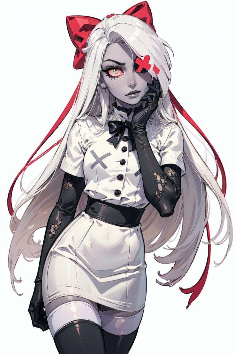 (Vaggie:1.0), (casual outfit, white dress, stockings, gloves:1.5), (pastel-pink sclera, black pupil, grey skin, white hair, long hair, hair bow:1.2), (white background:1.5), (realistic:1.2), (masterpiece:1.2), (full-body-shot:1),(Cowboy-shot:1.2), neon lighting, dark romantic lighting, (highly detailed:1.2),(detailed face:1.2), (gradients), colorful, detailed eyes, (detailed landscape:1.2), (natural lighting:1.2), (cute pose:1.2), (solo, one person, 1girl:1.5), standing, <lora:VaggieHazbinHotel-09:0.8>  <lora:add_detail:0.15> <lora:hipoly3DModelLora_v10:0.05> <lora:RSERomantic_RSESofiko_RSEEmma-v1:0.1> <lora:BeautifulEyes:0.65> <lyco:coloredSkin-08:0.4>