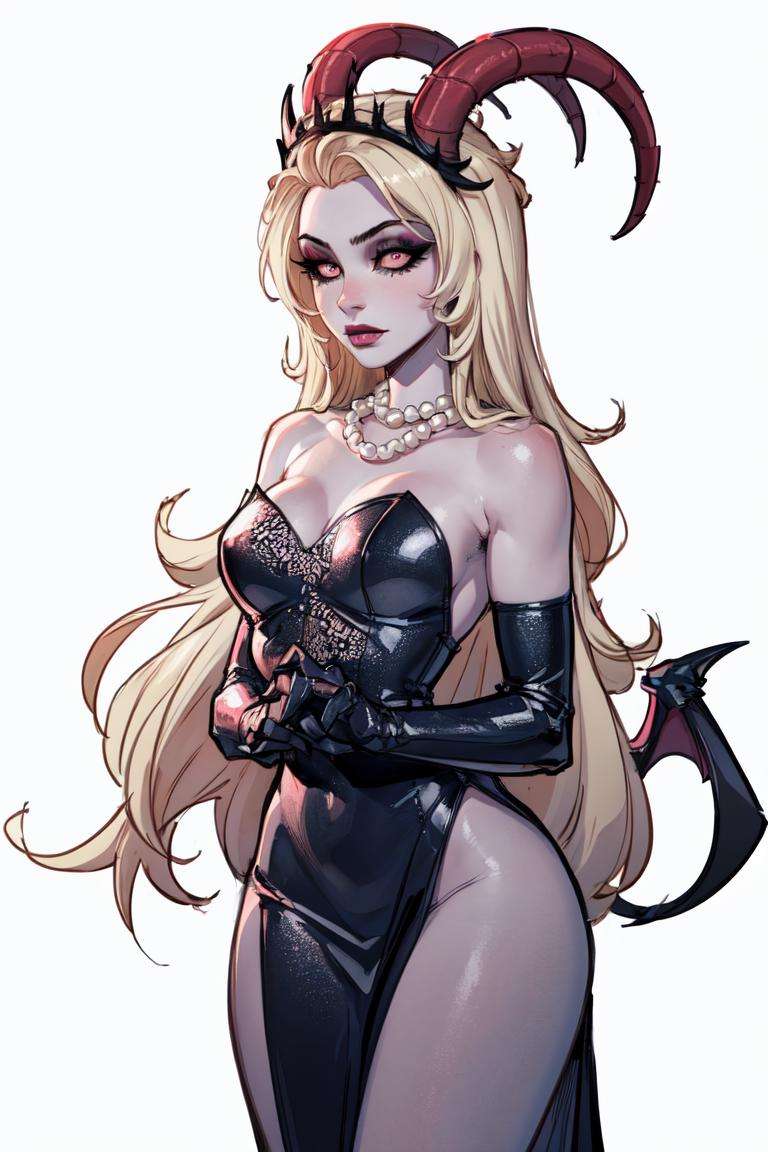 (Lilith:1.2), (grey skin, grey sclera, blonde hair, white iris, demon horns, makeup), (DefaultOutfit:1.2), (black dress, strapless, long gloves, pearl necklace), (white background, plain background:1.5), (realistic:1.2), (masterpiece:1.2), (full-body-shot:1),(Cowboy-shot:1.2), neon lighting, dark romantic lighting, (highly detailed:1.2),(detailed face:1.2), (gradients), colorful, detailed eyes, (detailed landscape:1.2), (natural lighting:1.2), (shy pose, cute pose:1.2), (solo, one person, 1girl:1.5),<lora:LilithHazbinHotel-10:0.8> <lora:add_detail:0.15> <lyco:coloredSkin-08:0.45>
