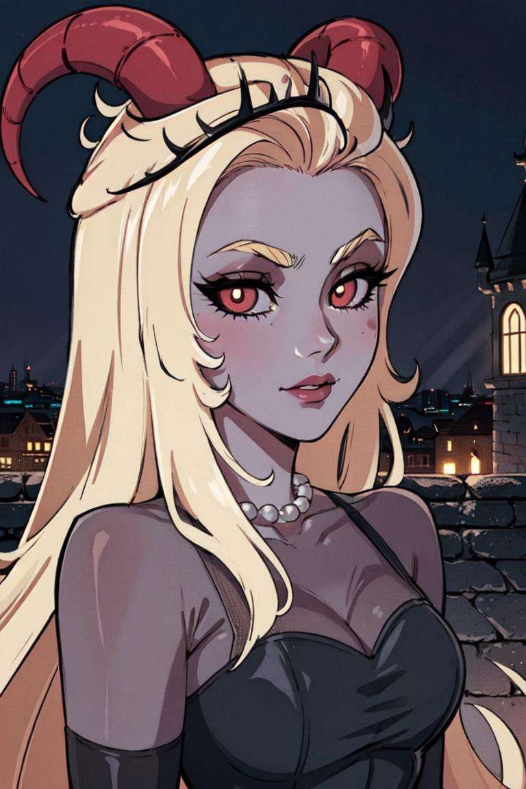 (Lilith:1.2), (grey/gray skin, grey sclera, long blonde hair, white iris, demon horns, makeup), (DefaultOutfit:1.2), (black dress:1.5), (castle, inside a castle, Victorian theme), (realistic:1.2), (masterpiece:1.2), (full-body-shot:1),(Cowboy-shot:1.2), neon lighting, dark romantic lighting, (highly detailed:1.2),(detailed face:1.2), (gradients), colorful, detailed eyes, (detailed landscape:1.2), (natural lighting:1.2), (powerful pose:1.2), (solo, one person, 1girl:1.5),<lora:LilithHazbinHotel-10:0.9> <lora:add_detail:0.15> <lyco:coloredSkin-08:0.45>