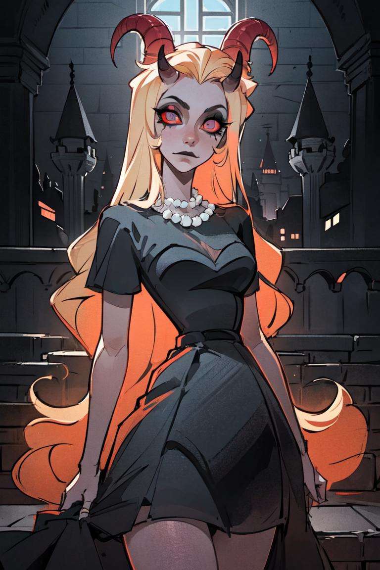 (Lilith:1.2), (grey/gray skin, grey sclera, long blonde hair, white iris, demon horns, makeup), (DefaultOutfit:1.2), (black dress:1.5), (castle, inside a castle, Victorian theme), (realistic:1.2), (masterpiece:1.2), (full-body-shot:1),(Cowboy-shot:1.2), neon lighting, dark romantic lighting, (highly detailed:1.2),(detailed face:1.2), (gradients), colorful, detailed eyes, (detailed landscape:1.2), (natural lighting:1.2), (powerful pose:1.2), (solo, one person, 1girl:1.5),<lora:LilithHazbinHotel-10:0.9> <lora:add_detail:0.15> <lyco:coloredSkin-08:0.45>