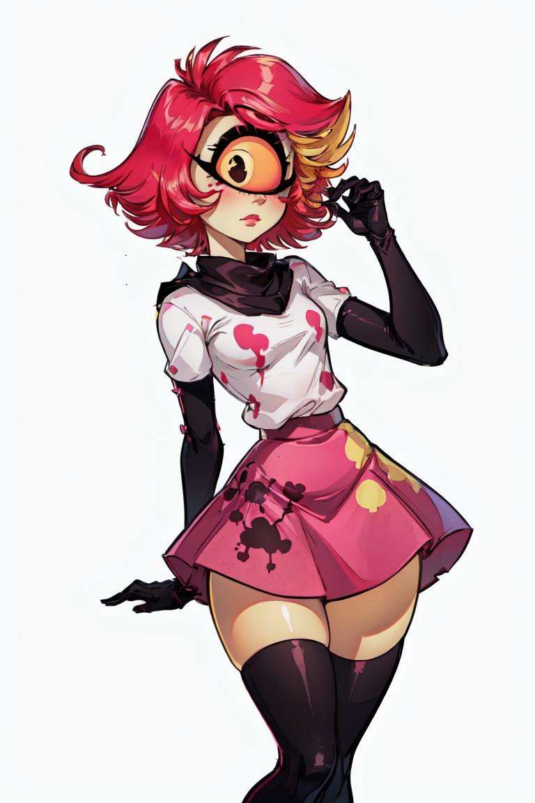 (Niffty:1.5), (yellow skin, makeup, pink sclera, thin, petite, pink-red hair, large eyelashes:1.2), (CasualOutfit), (white shirt, pink poodle skirt, black gloves, black thighhighs:1.2), (cyclops, one-eyed:1.5), (white background, plain background:1.5), (realistic:1.2), (masterpiece:1.2), (full-body-shot:1),(Cowboy-shot:1.2), neon lighting, dark romantic lighting, (highly detailed:1.2),(detailed face:1.2), (gradients), colorful, detailed eyes, (detailed landscape:1.2), (natural lighting:1.2), (shy pose, cute pose:1.2), (solo, one person, 1girl:1.5),<lora:NiftyHazbinHotel-10:0.99> <lora:add_detail:0.15> <lyco:coloredSkin-08:0.45>