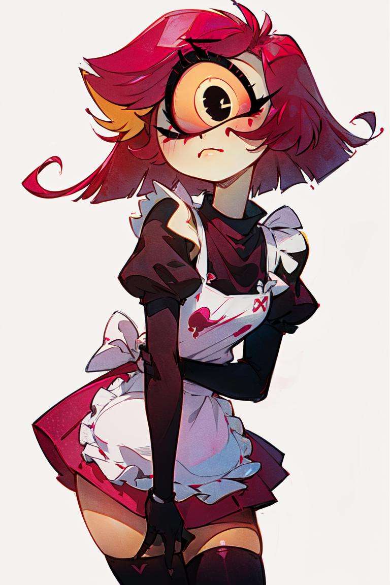 (Niffty:1.2), (yellow skin, makeup, pink sclera, thin, petite, pink-red hair, large eyelashes:1.2), (white shirt,  pink skirt, dress,pink puffy sleeves, maidoutfit, apron, black gloves, black thighhighs:1.2), (cyclops, one-eyed:1.5), (white background, plain background:1.5), (realistic:1.2), (masterpiece:1.2), (full-body-shot:1),(Cowboy-shot:1.2), neon lighting, dark romantic lighting, (highly detailed:1.2),(detailed face:1.2), (gradients), colorful, detailed eyes, (detailed landscape:1.2), (natural lighting:1.2), (shy pose, cute pose:1.2), (solo, one person, 1girl:1.5),<lora:NiftyHazbinHotel-10:0.99> <lora:add_detail:0.15> <lyco:coloredSkin-08:0.45>