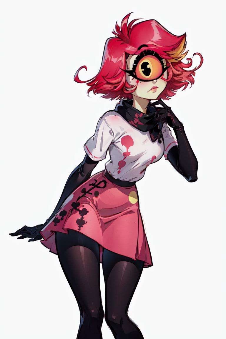 (Niffty:1.5), (yellow skin, makeup, pink sclera, thin, petite, pink-red hair, large eyelashes:1.2), (CasualOutfit), (white shirt, pink poodle skirt, black gloves, black tights), (cyclops, one-eyed:1.5), (white background, plain background:1.5), (realistic:1.2), (masterpiece:1.2), (full-body-shot:1),(Cowboy-shot:1.2), neon lighting, dark romantic lighting, (highly detailed:1.2),(detailed face:1.2), (gradients), colorful, detailed eyes, (detailed landscape:1.2), (natural lighting:1.2), (shy pose, cute pose:1.2), (solo, one person, 1girl:1.5),<lora:NiftyHazbinHotel-10:0.99> <lora:add_detail:0.15> <lyco:coloredSkin-08:0.45>