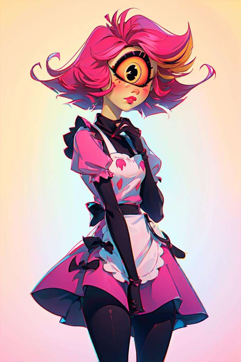 (Niffty:1.5), (yellow skin, makeup, pink sclera, thin, petite, pink-red hair, large eyelashes:1.2), (MaidOutfit), (dress, pink puffy sleeves, maidoutfit, apron, black gloves, black tights), (cyclops, one-eyed:1.5), (realistic:1.2), (masterpiece:1.2), (full-body-shot:1),(Cowboy-shot:1.2), neon lighting, dark romantic lighting, (highly detailed:1.2),(detailed face:1.2), (gradients), colorful, detailed eyes, (detailed landscape:1.2), (natural lighting:1.2), (shy pose, cute pose:1.2), (solo, one person, 1girl:1.5),<lora:NiftyHazbinHotel-10:0.99> <lora:add_detail:0.15> <lyco:coloredSkin-08:0.45>