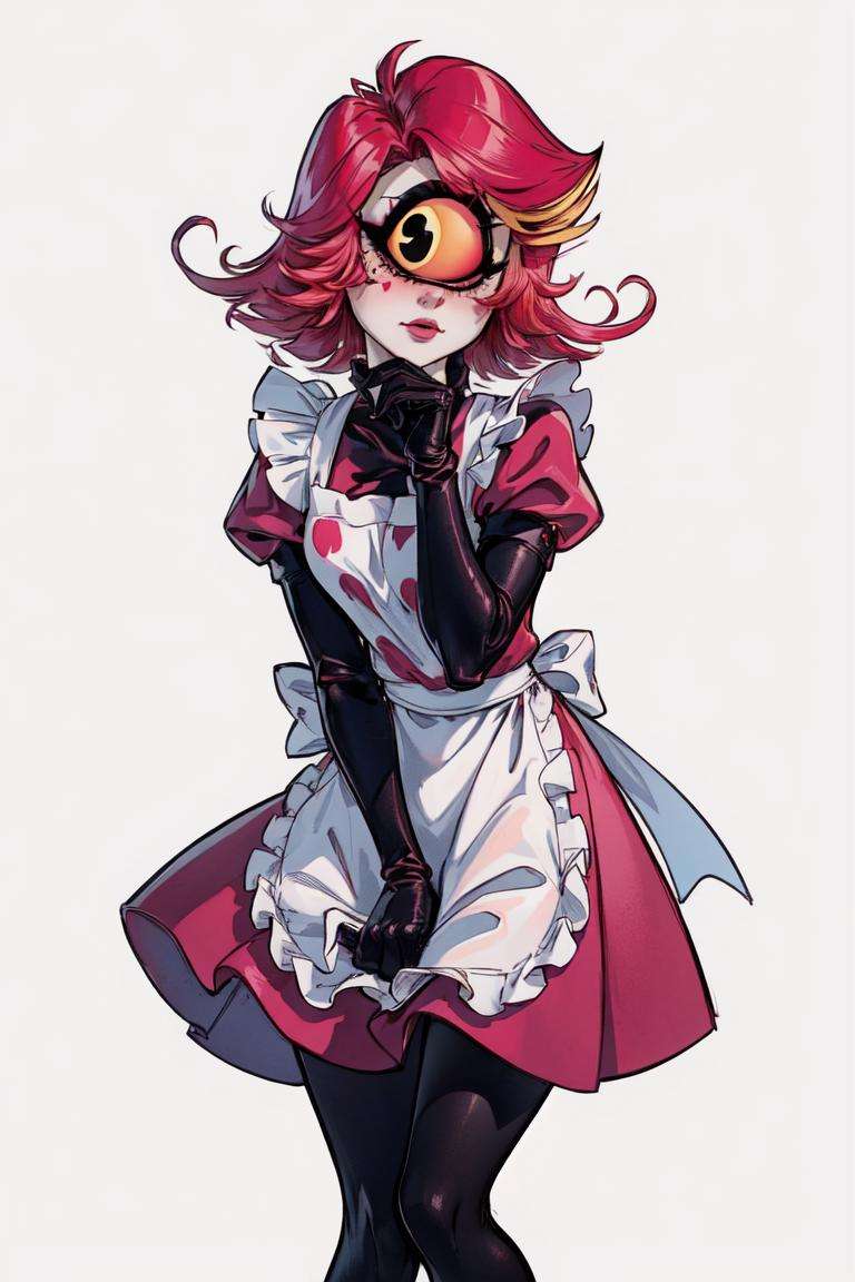 (Niffty:1.5), (yellow skin, makeup, pink sclera, thin, petite, pink-red hair, large eyelashes:1.2), (MaidOutfit), (dress, pink puffy sleeves, maidoutfit, apron, black gloves, black tights:1.2), (cyclops, one-eyed:1.5), (white background, plain background:1.5), (realistic:1.2), (masterpiece:1.2), (full-body-shot:1),(Cowboy-shot:1.2), neon lighting, dark romantic lighting, (highly detailed:1.2),(detailed face:1.2), (gradients), colorful, detailed eyes, (detailed landscape:1.2), (natural lighting:1.2), (shy pose, cute pose:1.2), (solo, one person, 1girl:1.5),<lora:NiftyHazbinHotel-10:0.99> <lora:add_detail:0.15> <lyco:coloredSkin-08:0.45>