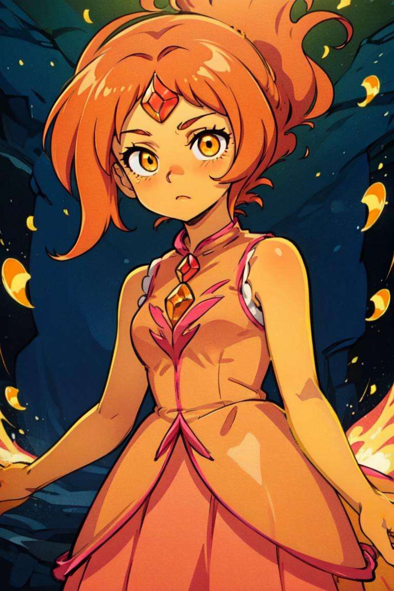 (FlamePrincess:1.2), (orange skin, yellow skin:1.5), orange eyes, yellow sclera, gem, (fire hair:1.2), (PrincessOutfit, orange ballgown, sleeveless:1.5), (realistic:1.2), (masterpiece:1.2), (full-body-shot:1),(Cowboy-shot:1.2), neon lighting, dark romantic lighting, (highly detailed:1.2),(detailed face:1.2), (gradients), colorful, detailed eyes, (detailed landscape:1.2), (natural lighting:1.2), (shy pose, cute:1.2), (solo, one person, 1girl:1.5),<lora:FlamePrincessAdventureTime-10:0.8> <lora:add_detail:0.15> <lora:hipoly3DModelLora_v10:0.05> <lora:RSERomantic_RSESofiko_RSEEmma-v1:0.1> <lora:BeautifulEyes:0.65> <lyco:coloredSkin-08:0.45>