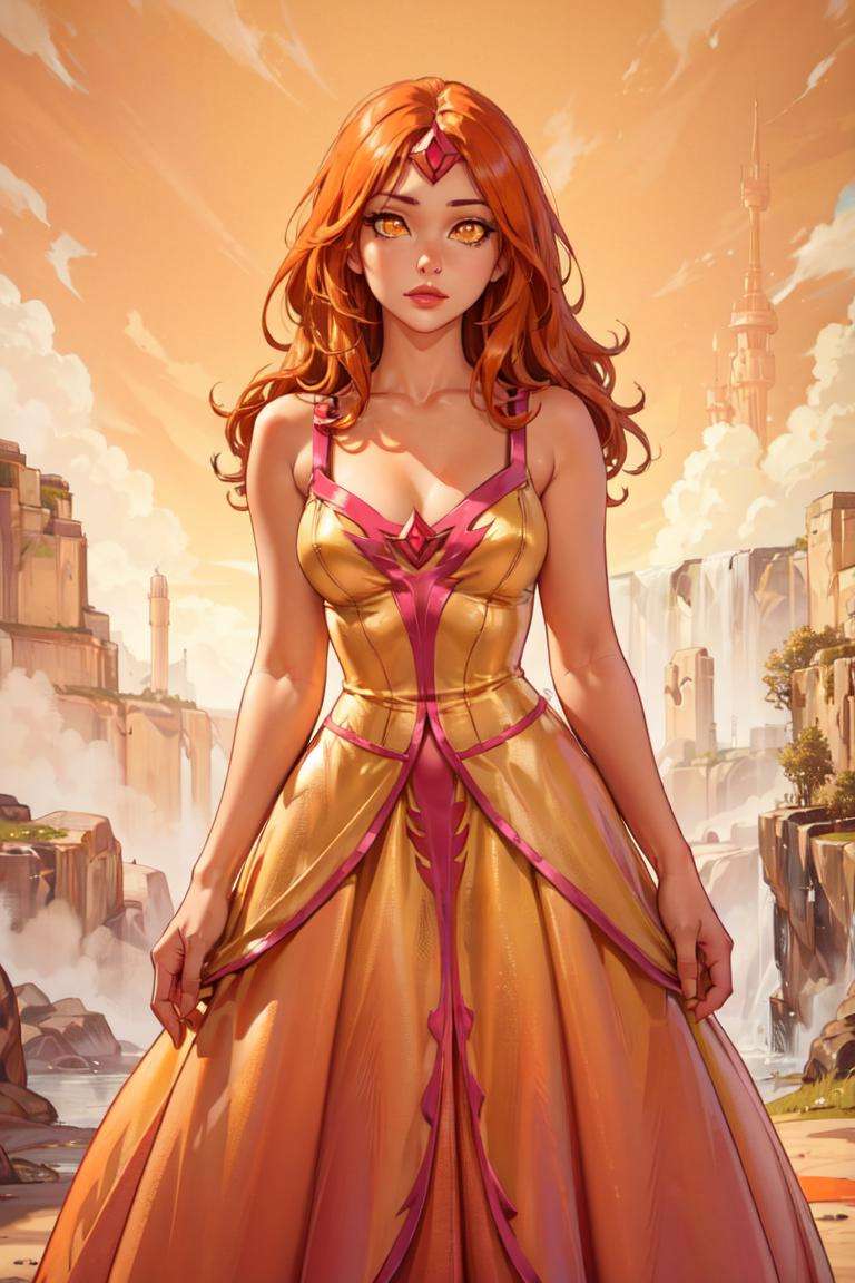 (FlamePrincess :1.2), (orange skin, orange eyes:1.4), (hair down, long hair), (princessoutfit, dress, ballgown:1.5), (orange to yellow plain background:1.5), (realistic:1.2), (masterpiece:1.2), (full-body-shot:1),(Cowboy-shot:1.2), neon lighting, dark romantic lighting, (highly detailed:1.2),(detailed face:1.2), (gradients), colorful, detailed eyes, (detailed landscape:1.2), (natural lighting:1.2), (dynamic pose:1.2), (solo, one person, 1girl:1.5), standing, <lora:FlamePrincessAdventureTime-10:0.7>   <lyco:coloredSkin-08:0.55>