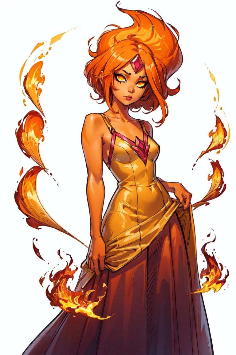 (FlamePrincess:1.2), (orange skin, orange eyes, yellow sclera, gem, flame hair:1.5), (PrincessOutfit, orange ballgown:1.5), (white background:2), (realistic:1.2), (masterpiece:1.2), (full-body-shot:1),(Cowboy-shot:1.2), neon lighting, dark romantic lighting, (highly detailed:1.2),(detailed face:1.2), (gradients), colorful, detailed eyes, (detailed landscape:1.2), (natural lighting:1.2), (cute pose:1.2), (solo, one person, 1girl:1.5), standing, <lora:FlamePrincessAdventureTime-10:0.8>   <lyco:coloredSkin-08:0.4>