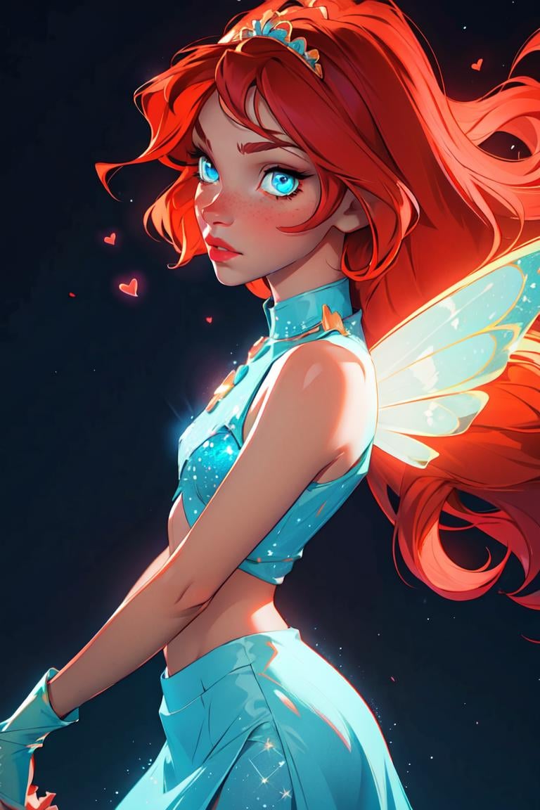 (Bloom), (orange hair, blue eyes, bangs, long hair), (fairy outfit), (blue croptop, blue skirt, sparkling clothing, fairy wings, tiara), (realistic:1.2), (masterpiece:1.2), (full-body-shot:1),(Cowboy-shot:1.2), neon lighting, dark romantic lighting, (highly detailed:1.2),(detailed face:1.2), (gradients), colorful, detailed eyes, (detailed landscape:1.2), (natural lighting:1.2), (dynamic pose:1.2), (solo, one person, 1girl:1.5),<lora:WinxClubBloom-10:0.9> <lora:add_detail:0.15>