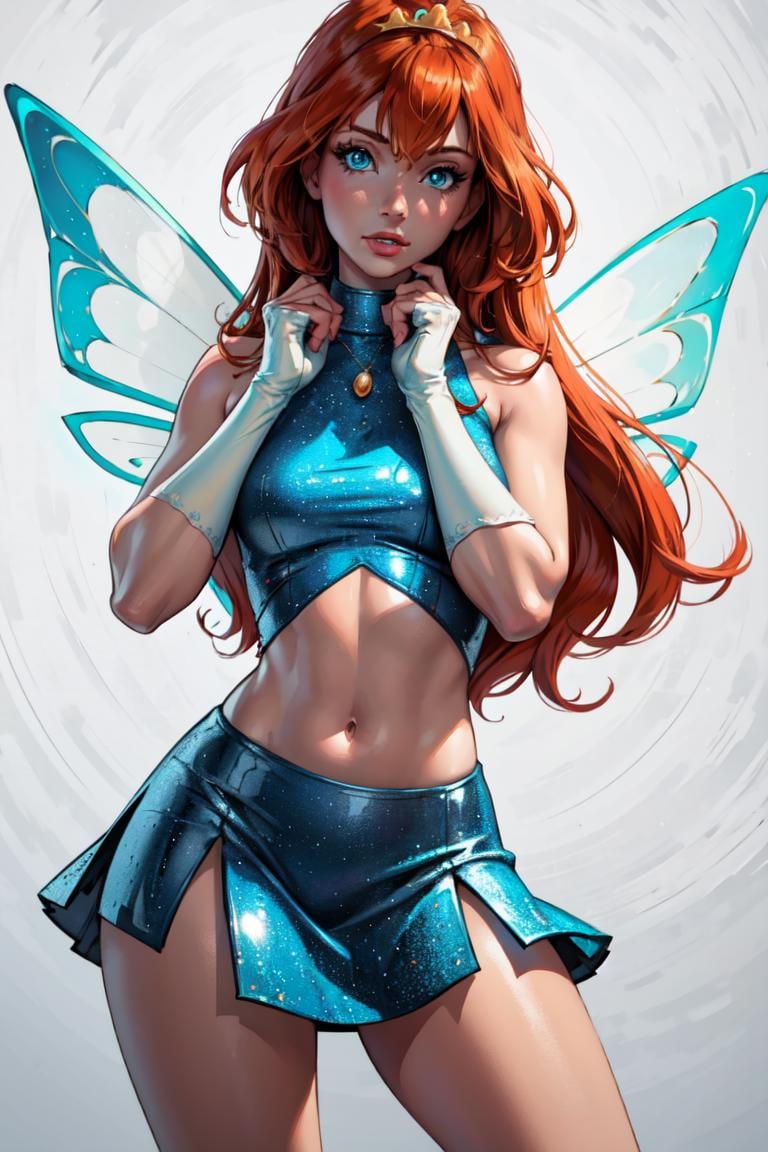 (Bloom), (orange hair, blue eyes, bangs, long hair), (fairy outfit), (blue croptop, blue skirt, sparkling clothing, fairy wings, tiara), (white plain background, solid background, white background:1.5), (realistic:1.2), (masterpiece:1.2), (full-body-shot:1),(Cowboy-shot:1.2), neon lighting, dark romantic lighting, (highly detailed:1.2),(detailed face:1.2), (gradients), colorful, detailed eyes, (detailed landscape:1.2), (natural lighting:1.2), (cute pose:1.2), (solo, one person, 1girl:1.5),<lora:WinxClubBloom-10:0.9> <lora:add_detail:0.15>