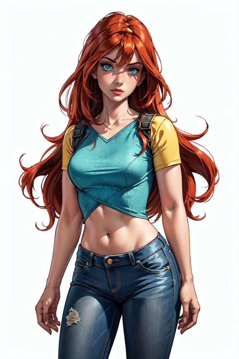 (Bloom), (orange hair, blue eyes, bangs, long hair), (Casual Outfit), (croptop, blue tshirt, yellow short sleeves,skinny jeans, yellow sandals), (white plain background, solid background, white background:1.5), (realistic:1.2), (masterpiece:1.2), (full-body-shot:1),(Cowboy-shot:1.2), neon lighting, dark romantic lighting, (highly detailed:1.2),(detailed face:1.2), (gradients), colorful, detailed eyes, (detailed landscape:1.2), (natural lighting:1.2), (standing simple pose:1.2), (solo, one person, 1girl:1.5),<lora:WinxClubBloom-10:0.9> <lora:add_detail:0.15>