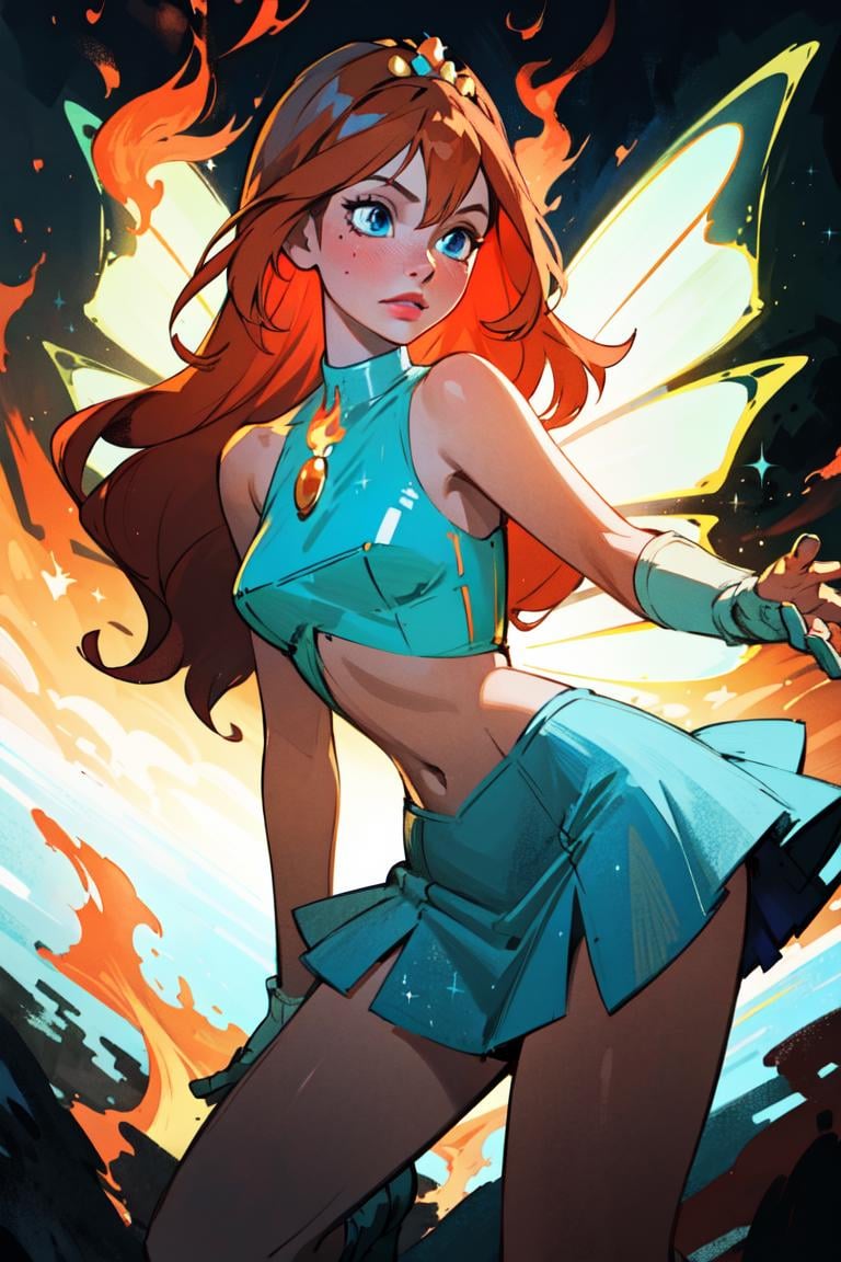 (Bloom), (orange hair, blue eyes, bangs, long hair), (fairy outfit), (blue croptop, blue skirt, sparkling clothing, fairy wings, tiara), (holding a flame, manipulating fire), fire surrounding subject, (realistic:1.2), (masterpiece:1.2), (full-body-shot:1),(Cowboy-shot:1.2), neon lighting, dark romantic lighting, (highly detailed:1.2),(detailed face:1.2), (gradients), colorful, detailed eyes, (detailed landscape:1.2), (natural lighting:1.2), (dynamic pose:1.2), (solo, one person, 1girl:1.5),<lora:WinxClubBloom-10:0.9> <lora:add_detail:0.15>