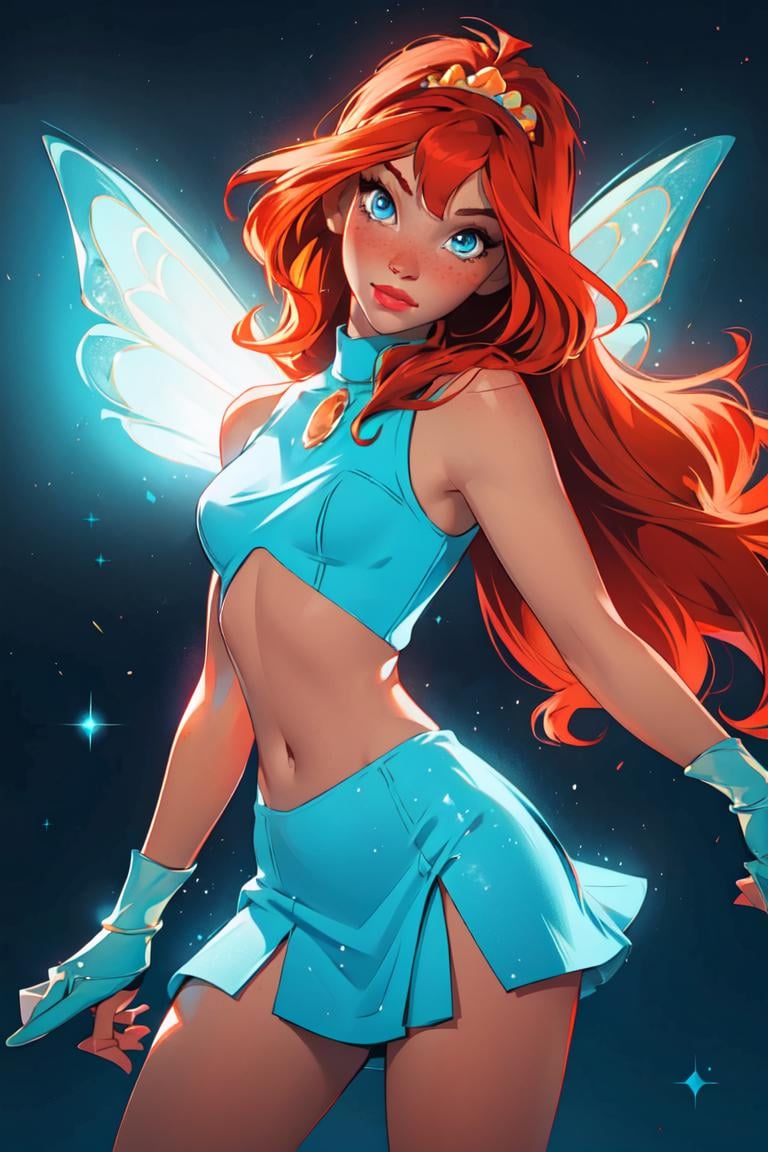 (Bloom), (orange hair, blue eyes, bangs, long hair), (fairy outfit), (blue croptop, sleeveless, blue skirt, sparkling clothing, fairy wings, tiara), (realistic:1.2), (masterpiece:1.2), (full-body-shot:1),(Cowboy-shot:1.2), neon lighting, dark romantic lighting, (highly detailed:1.2),(detailed face:1.2), (gradients), colorful, detailed eyes, (detailed landscape:1.2), (natural lighting:1.2), (dynamic pose:1.2), (solo, one person, 1girl:1.5),<lora:WinxClubBloom-10:0.9> <lora:add_detail:0.15>