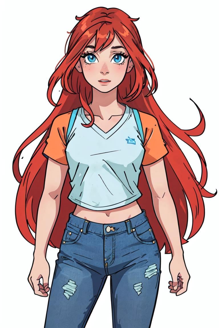 (Bloom), (orange hair, blue eyes, bangs, long hair), (Casual Outfit), (croptop, blue tshirt, yellow short sleeves, blue skinny jeans), (white plain background, solid background, white background:1.5), (realistic:1.2), (masterpiece:1.2), (full-body-shot:1),(Cowboy-shot:1.2), neon lighting, dark romantic lighting, (highly detailed:1.2),(detailed face:1.2), (gradients), colorful, detailed eyes, (detailed landscape:1.2), (natural lighting:1.2), (standing simple pose:1.2), (solo, one person, 1girl:1.5),<lora:WinxClubBloom-10:0.9> <lora:add_detail:0.15>