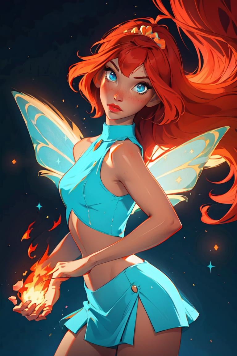 (Bloom), (orange hair, blue eyes, bangs, long hair), (fairy outfit), (blue croptop, blue skirt, sparkling clothing, fairy wings, tiara), (holding a flame, manipulating fire), fire surrounding subject, (realistic:1.2), (masterpiece:1.2), (full-body-shot:1),(Cowboy-shot:1.2), neon lighting, dark romantic lighting, (highly detailed:1.2),(detailed face:1.2), (gradients), colorful, detailed eyes, (detailed landscape:1.2), (natural lighting:1.2), (dynamic pose:1.2), (solo, one person, 1girl:1.5),<lora:WinxClubBloom-10:0.9> <lora:add_detail:0.15>