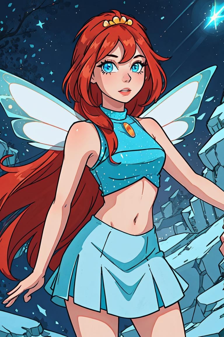 (Bloom), (orange hair, blue eyes, bangs, long hair), (fairy outfit), (blue croptop, sleeveless, blue skirt, sparkling clothing, fairy wings, tiara), (realistic:1.2), (masterpiece:1.2), (full-body-shot:1),(Cowboy-shot:1.2), neon lighting, dark romantic lighting, (highly detailed:1.2),(detailed face:1.2), (gradients), colorful, detailed eyes, (detailed landscape:1.2), (natural lighting:1.2), (dynamic pose:1.2), (solo, one person, 1girl:1.5),<lora:WinxClubBloom-10:0.9> <lora:add_detail:0.15>