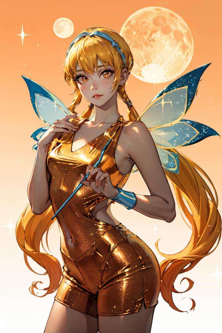 (Stella), (blonde hair, yellow eyes, bangs), (FairyOutfit), (twintails, long low pigtails, fairy wings, orange outfit, glittery clothes, sparkling clothing), (orange and yellow gradient background), (sun and moon background), (sparkles), (realistic:1.2), (masterpiece:1.2), (full-body-shot:1),(Cowboy-shot:1.2), neon lighting, dark romantic lighting, (highly detailed:1.2),(detailed face:1.2), (gradients), colorful, detailed eyes, (natural lighting:1.2), (shy cute pose:1.2), (solo, one person, 1girl:1.5),<lora:WinxClubStella-10 (2):0.9> <lora:add_detail:0.15>