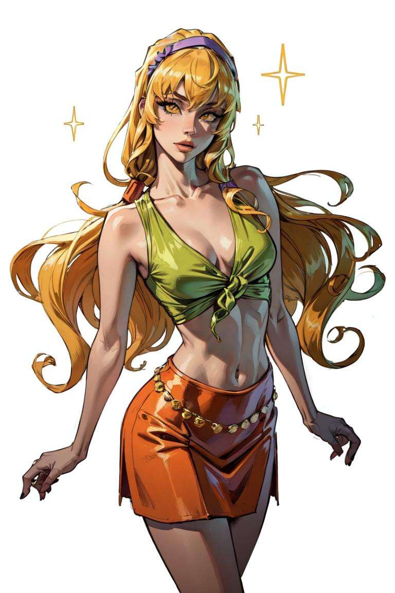 (Stella), (blonde hair, yellow eyes, bangs), (CasualOutfit), (long hair, purple headband, green knotted top, orange skirt, sandals), (white background, solid white background:1.5), (sparkles), (realistic:1.2), (masterpiece:1.2), (full-body-shot:1),(Cowboy-shot:1.2), neon lighting, dark romantic lighting, (highly detailed:1.2),(detailed face:1.2), (gradients), colorful, detailed eyes, (natural lighting:1.2), (dynamic pose:1.2), (solo, one person, 1girl:1.5),<lora:WinxClubStella-10 (2):0.9> <lora:add_detail:0.15>