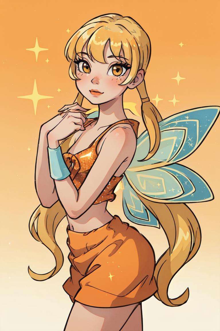 (Stella), (blonde hair, yellow eyes, bangs), (FairyOutfit), (twintails, long low pigtails, fairy wings, orange outfit, glittery clothes, sparkling clothing), (orange and yellow gradient background), (sun and moon background), (sparkles), (realistic:1.2), (masterpiece:1.2), (full-body-shot:1),(Cowboy-shot:1.2), neon lighting, dark romantic lighting, (highly detailed:1.2),(detailed face:1.2), (gradients), colorful, detailed eyes, (natural lighting:1.2), (shy cute pose:1.2), (solo, one person, 1girl:1.5),<lora:WinxClubStella-10 (2):0.9> <lora:add_detail:0.15>