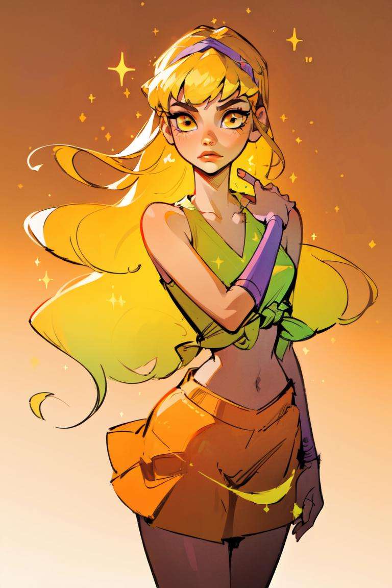 (Stella), (blonde hair, yellow eyes, bangs), (CasualOutfit), (hair down, long hair, purple headband, green knotted top, orange skirt, sandals), (orange to yellow gradient background:1.5), (sun and moon background), (sparkles), (realistic:1.2), (masterpiece:1.2), (full-body-shot:1),(Cowboy-shot:1.2), neon lighting, dark romantic lighting, (highly detailed:1.2),(detailed face:1.2), (gradients), colorful, detailed eyes, (natural lighting:1.2), (dynamic pose:1.2), (solo, one person, 1girl:1.5),<lora:WinxClubStella-10 (2):0.9> <lora:add_detail:0.15>