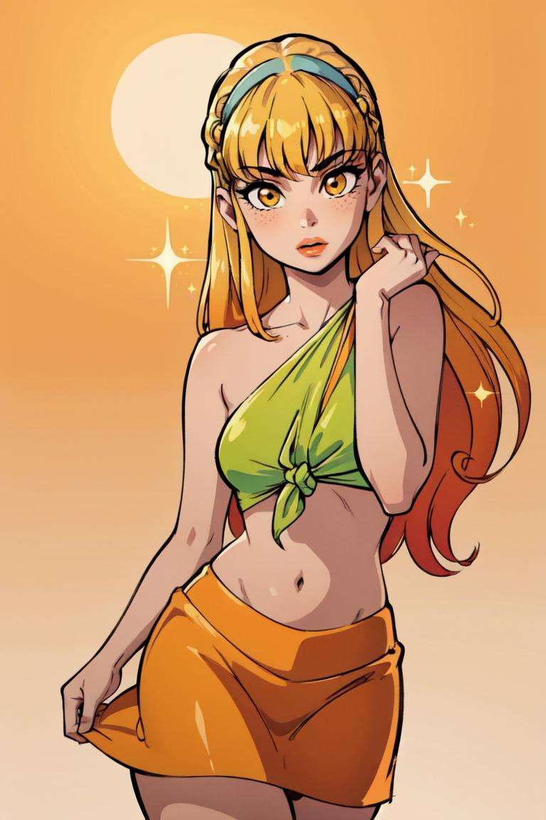 (Stella), (blonde hair, yellow eyes, bangs), (CasualOutfit), (hair down, long hair, purple headband, green knotted top, orange skirt, sandals), (orange to yellow gradient background:1.5), (sun and moon background), (sparkles), (realistic:1.2), (masterpiece:1.2), (full-body-shot:1),(Cowboy-shot:1.2), neon lighting, dark romantic lighting, (highly detailed:1.2),(detailed face:1.2), (gradients), colorful, detailed eyes, (natural lighting:1.2), (dynamic pose:1.2), (solo, one person, 1girl:1.5),<lora:WinxClubStella-10 (2):0.9> <lora:add_detail:0.15>