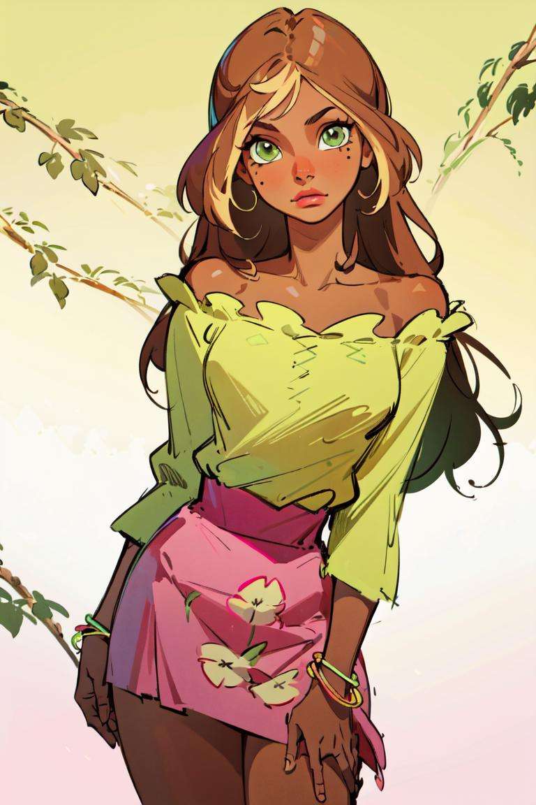 (Flora), (dark skin, brown hair, blonde hair strips, bangs, green eyes), (Casual Outfit), (green off-shoulder shirt, pink skirt, pink sandals), nature background, flowery background, vines, (realistic:1.2), (masterpiece:1.2), (full-body-shot:1),(Cowboy-shot:1.2), neon lighting, dark romantic lighting, (highly detailed:1.2),(detailed face:1.2), (gradients), colorful, detailed eyes, (natural lighting:1.2), (cute pose:1.2), (solo, one person, 1girl:1.5),<lora:WinxClubFlora-10:0.9> <lora:add_detail:0.15>