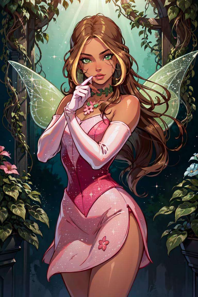 (Flora), (dark skin, brown hair, blonde hair strips, green eyes), (FairyOutfit), (pink dress, pink gloves, sparkling outfit, flower necklace, green fairy wings), nature background, flowery background, vines, (realistic:1.2), (masterpiece:1.2), (full-body-shot:1),(Cowboy-shot:1.2), neon lighting, dark romantic lighting, (highly detailed:1.2),(detailed face:1.2), (gradients), colorful, detailed eyes, (natural lighting:1.2), (neutral standing pose:1.2), (solo, one person, 1girl:1.5),<lora:WinxClubFlora-10:0.9> <lora:add_detail:0.15>