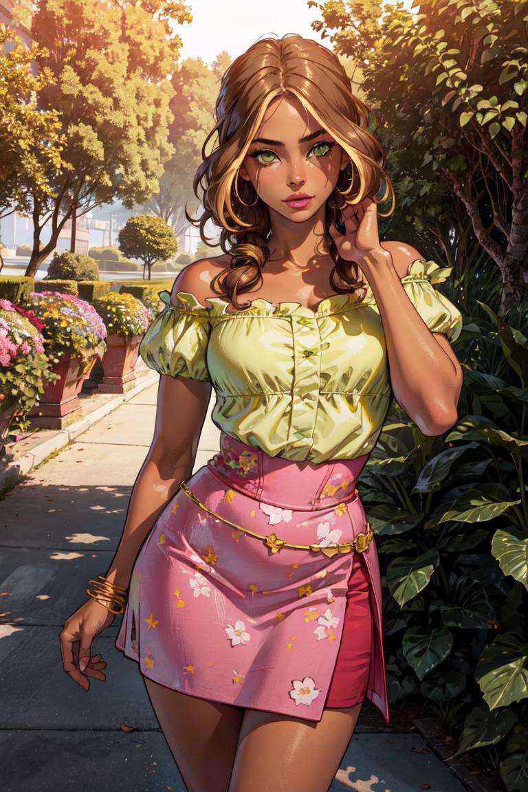 (Flora), (dark skin, brown hair, blonde hair strips, bangs, green eyes), (Casual Outfit), (green off-shoulder shirt, pink skirt, pink sandals), nature background, flowery background, vines, (realistic:1.2), (masterpiece:1.2), (full-body-shot:1),(Cowboy-shot:1.2), neon lighting, dark romantic lighting, (highly detailed:1.2),(detailed face:1.2), (gradients), colorful, detailed eyes, (natural lighting:1.2), (cute pose:1.2), (solo, one person, 1girl:1.5),<lora:WinxClubFlora-10:0.9> <lora:add_detail:0.15>