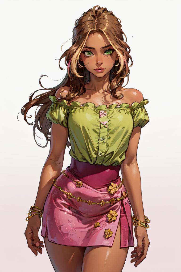 (Flora), (dark skin, brown hair, blonde hair strips, green eyes), (Casual Outfit), (green off-shoulder shirt, pink skirt, pink sandals), (white solid background:1.5), (realistic:1.2), (masterpiece:1.2), (full-body-shot:1),(Cowboy-shot:1.2), neon lighting, dark romantic lighting, (highly detailed:1.2),(detailed face:1.2), (gradients), colorful, detailed eyes, (natural lighting:1.2), (cute shy pose:1.2), (solo, one person, 1girl:1.5),<lora:WinxClubFlora-10:0.9> <lora:add_detail:0.15>