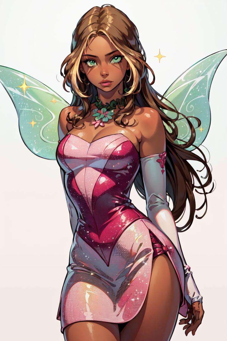 (Flora), (dark skin, brown hair, blonde hair strips, green eyes), (FairyOutfit), (pink dress, pink gloves, sparkling outfit, flower necklace, green fairy wings), (white solid background:1.5), (realistic:1.2), (masterpiece:1.2), (full-body-shot:1),(Cowboy-shot:1.2), neon lighting, dark romantic lighting, (highly detailed:1.2),(detailed face:1.2), (gradients), colorful, detailed eyes, (natural lighting:1.2), (neutral standing pose:1.2), (solo, one person, 1girl:1.5),<lora:WinxClubFlora-10:0.9> <lora:add_detail:0.15>